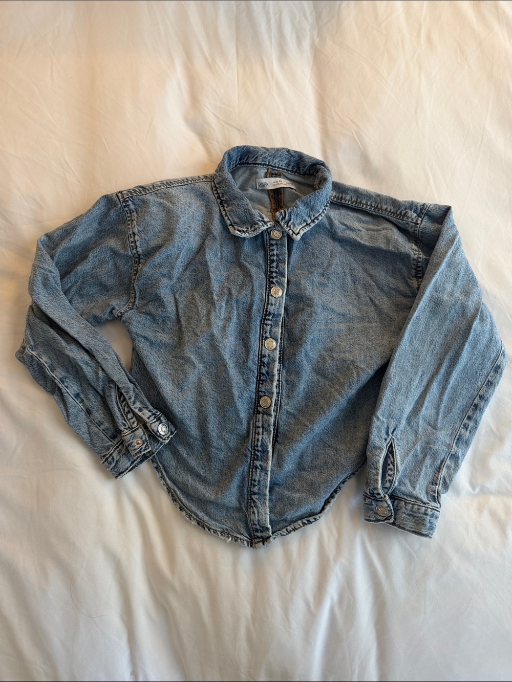 Zara Kids Washed Denim Button-Down Shirt in Light Blue